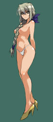  1990s_(style) agent_aika aika_(series) arm_behind_back bow braid breasts delmo frown full_body golden_delmo green_background grey_hair hair_bow hair_intakes high_heels nipples panties panties_only plait retro_artstyle single_braid skj solo standing thighs tonia topless underwear underwear_only white_panties  rating:Questionable score:33 user:graehr