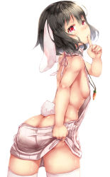  1girl animal_ears ass backless_outfit bare_back bare_shoulders black_hair breasts butt_crack carrot cowboy_shot finger_to_mouth highres inaba_tewi index_finger_raised looking_at_viewer meme_attire naked_sweater rabbit_ears rabbit_girl rabbit_tail red_eyes short_hair sideboob simple_background small_breasts solo sugiyuu sweater tail thighhighs touhou virgin_killer_sweater white_background white_thighhighs  rating:Questionable score:51 user:danbooru