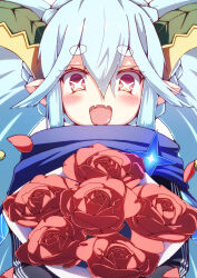  1girl absurdres aqua_hair black_dress blue_scarf bouquet braid crown_braid curled_horns dress fate/grand_order fate_(series) flower hair_between_eyes highres horns larva_tiamat_(fate) larva_tiamat_(second_ascension)_(fate) long_hair long_horns long_sleeves looking_at_viewer open_mouth peisuto pink_eyes pointy_ears scarf sidelocks smile solo symbol-shaped_pupils tiamat_(fate) twintails very_long_hair  rating:General score:4 user:danbooru