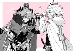  2boys alternate_costume alternate_hair_color antenna_hair astolfo_(fate) astolfo_(fate)_(cosplay) black_bow black_vest bow braid cape command_spell cosplay crown dress_shirt fang fate/apocrypha fate/grand_order fate_(series) fist_bump fur-trimmed_cape fur_trim gauntlets gold_trim gorget greyscale_with_colored_background grin hair_between_eyes hair_bow hair_intakes haoro horn_(instrument) light_blush male_focus mini_crown multiple_boys official_alternate_costume one_eye_closed pink_background shirt sieg_(fate) signature single_braid smile star_(symbol) sword trap upper_body vest weapon white_cape white_hair white_shirt 