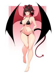  1girl absurdres baecon_(baconguden) bandages bandaid bandaid_on_face bandaid_on_head bandaid_on_nose bikini black_bikini breasts chain clothes_pull commission demon_girl demon_horns demon_tail demon_wings feet freckles full_body genzosen_(gairalin) hair_ornament hair_ribbon highres horns large_breasts looking_at_viewer micro_bikini nail_polish original panties panty_pull ponytail resolution_mismatch ribbon shiny_skin side-tie_bikini_bottom smile solo source_smaller swimsuit tail underwear underwear_pull wings  rating:Questionable score:13 user:xertio
