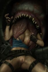  1girl blood breasts capcom cleft_of_venus defeat fingerless_gloves gloves gun helpless hunter_gamma imminent_death injury jill_valentine monster ninjartist nipples no_panties pussy resident_evil resident_evil_3 resident_evil_3:_nemesis scratches sewer short_hair teeth torn_clothes vore weapon  rating:Explicit score:2 user:Vore_Fanatic
