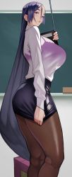 1girl absurdres bad_id bad_twitter_id black_skirt bra_visible_through_clothes breasts closed_mouth commentary_request fate_(series) highres large_breasts long_hair looking_at_viewer minamoto_no_raikou_(fate) miniskirt office_lady pantyhose parted_bangs pointer purple_eyes purple_hair see-through shiny_clothes shirt skirt teacher thighs very_long_hair white_shirt yoshio_(55level) rating:Sensitive score:148 user:danbooru