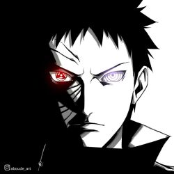  1boy aboude_art artist_name black_hair closed_mouth commentary instagram_logo instagram_username limited_palette looking_at_viewer male_focus mangekyou_sharingan naruto_(series) naruto_shippuuden purple_eyes red_eyes rinnegan sharingan short_hair signature solo spot_color uchiha_obito 