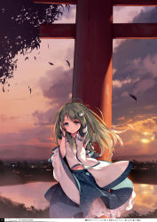 1girl absurdres bare_shoulders blue_eyes blush breasts closed_mouth collared_shirt detached_sleeves floating_hair frilled_skirt frills frog_hair_ornament green_eyes green_hair hair_ornament hair_tubes highres ke-ta kochiya_sanae long_hair long_skirt looking_at_viewer navel non-web_source nontraditional_miko shirt sidelocks skirt sleeveless sleeveless_shirt smile snake snake_hair_ornament solo torii touhou translation_request white_shirt wide_sleeves wind rating:Sensitive score:11 user:danbooru