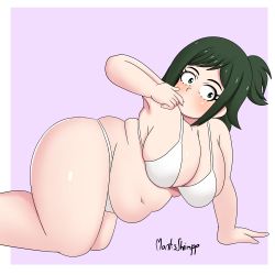  1girl belly boku_no_hero_academia bra breasts female_focus finger_in_own_mouth green_eyes green_hair highres large_breasts midoriya_inko mature_female panties plump solo underwear  rating:Questionable score:60 user:mbutkus1995