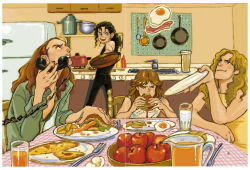  1980s_(style) 4boys animification apple bad_id bad_pixiv_id band black_hair blonde_hair breakfast brown_hair burger buttercup cliff_burton cooking corded_phone dishes eating egg facial_hair food fork fruit glass heavy_metal james_hetfield juice kirk_hammet kitchen lars_ulrich long_hair male_focus metallica milk multiple_boys mustache oldschool parody phone pizza pot real_life refrigerator retro_artstyle table talking_on_phone throwing 
