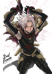  .hack// .hack//g.u. 1boy absurdres albino angry armor arms_up black_gloves clenched_teeth detached_sleeves english_text gloves grey_hair haseo_(.hack//) highres incoming_attack kakikuyeko3181 looking_at_viewer male_focus red_eyes short_hair solo spiked_hair standing tattoo teeth twitter_username weapon white_background 