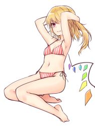 1girl armpits arms_behind_head arms_up bare_arms bare_legs bare_shoulders barefoot bikini blonde_hair breasts collarbone commentary_request crystal flandre_scarlet full_body groin hair_between_eyes light_smile long_hair miyo_(ranthath) navel no_headwear one_side_up red_bikini red_eyes side-tie_bikini_bottom simple_background small_breasts solo stomach striped_bikini striped_clothes swimsuit thighs touhou vertical-striped_bikini vertical-striped_clothes white_background white_bikini wings rating:Sensitive score:3 user:danbooru
