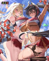  2girls absurdres arm_up armpits bay_(nikke) blonde_hair brown_hair cheering cheerleader clay_(nikke) confetti crop_top crop_top_overhang dark-skinned_female dark_skin fireworks goddess_of_victory:_nikke highres holding holding_hands holding_pom_poms leg_ribbon long_hair looking_at_viewer miniskirt mole mole_on_stomach mouth_hold multiple_girls navel pleated_skirt pom_pom_(cheerleading) pom_poms ponytail ribbon rossy_(yowayowachimpo) skirt standing standing_on_one_leg star_sticker sticker_on_face sweat thigh_ribbon torn_clothes torn_socks two-tone_skirt whistle 