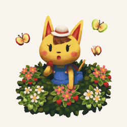  1girl animal_crossing bug bush butterfly cat dress flower food fruit highres insect katie_(animal_crossing) looking_up nintendo omochi_freedom open_mouth pinafore_dress short_hair simple_background sleeveless_dress strawberry white_background 