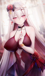 1girl absurdres alternate_breast_size arknights bad_id bad_pixiv_id binggong_asylum black_bow black_collar blurry blurry_background bow breasts clothing_cutout collar colored_skin covered_erect_nipples cross cross_earrings depth_of_field earrings fang flower hair_between_eyes hair_bow hair_flower hair_ornament hand_up highres jewelry large_breasts long_hair looking_at_viewer nail_polish navel navel_cutout necklace pointy_ears red_eyes red_flower red_nails resolution_mismatch ring skin_fang slit_pupils solo source_larger spaghetti_strap upper_body very_long_hair warfarin_(arknights) white_hair white_skin rating:Questionable score:36 user:danbooru