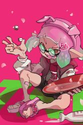  1girl :d absurdres alcohol animal_ears aqua_hair bike_shorts black_shorts cherry_blossoms cup dice fake_animal_ears falling_petals fangs flip-flops gradient_hair green_eyes hairband hand_up highres hooded_shirt inkling inkling_girl inkling_player_character jacket koike3582 long_sleeves multicolor-tinted_eyewear multicolored_clothes multicolored_eyes multicolored_hair multicolored_jacket nintendo open_clothes open_jacket open_mouth petals pig_ears pink_background pink_hair pink_hairband pointy_ears purple_hair red_eyes red_jacket red_shirt round_eyewear sakazuki sake sandals shirt short_hair shorts sitting smile solo splatoon_(series) suction_cups tentacle_hair tinted_eyewear two-tone_jacket white_jacket yellow_eyes 