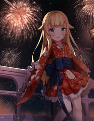  1girl :d aerial_fireworks blonde_hair blue_eyes blunt_bangs commentary english_commentary fireworks flipped_hair highres japanese_clothes kimono lamppost night night_sky obi open_mouth outdoors princess_(princess_principal) princess_principal railing red_kimono sash sky smile standing ylpz_23 