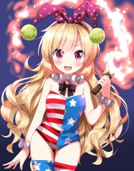  1girl american_flag_legwear animal_ears blonde_hair blush clownpiece collarbone cowboy_shot fake_animal_ears highres holding holding_torch leotard long_hair looking_at_viewer nontraditional_playboy_bunny open_mouth pom_pom_(clothes) rabbit_ears red_eyes ruu_(tksymkw) smile solo star_(symbol) star_print strapless strapless_leotard striped_clothes striped_leotard striped_thighhighs thighhighs torch touhou wrist_cuffs  rating:Sensitive score:13 user:danbooru