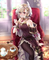  1girl bare_shoulders blonde_hair brown_dress citrinne_(fire_emblem) cup dress earrings feather_hair_ornament feathers fire_emblem fire_emblem_engage gem gold_choker gold_trim hair_ornament highres hoop_earrings indoors jewelry leather_wrist_straps mismatched_earrings nintendo pantyhose red_eyes red_gemstone teacup teapot wing_hair_ornament yuyu_(spika) 