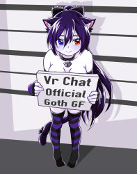  absurdres animal_ears cat_ears cat_tail collar colored_skin embarrassed heterochromia highres holding holding_sign purple_hair ribbon sign tail thighhighs totless tsuki_kimura virtual_youtuber vrchat white_skin  rating:Sensitive score:36 user:Vista_lord95