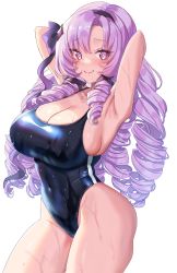 1girl armpits arms_behind_head arms_up bare_shoulders bishooji black_one-piece_swimsuit blush breasts cleavage collarbone competition_swimsuit covered_navel drill_hair hairband highleg highleg_swimsuit highres hyakumantenbara_salome large_breasts light_purple_hair long_hair looking_at_viewer nijisanji one-piece_swimsuit parted_bangs purple_eyes smile solo swimsuit thighs virtual_youtuber wet rating:Questionable score:54 user:danbooru