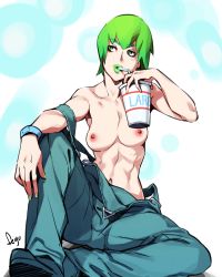  1girl abs artist_name breasts collarbone cup drinking_straw eyelashes feguimel foo_fighters_(jojo) green_eyes green_hair green_lips jojo_no_kimyou_na_bouken lipstick looking_to_the_side makeup medium_breasts nail_polish navel nipples no_bra off_shoulder overalls short_hair sitting solo stomach stone_ocean tomboy toned topless wariza wristband  rating:Questionable score:115 user:danbooru