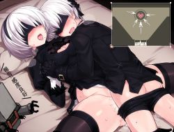  1boy 1girl 2b_(nier:automata) 9s_(nier:automata) :o android ass bed_sheet black_dress black_gloves black_hairband blindfold blush breasts breath buckle cleavage cleavage_cutout clothed_sex clothes_pull clothing_cutout couple covered_eyes cross-section dress feather-trimmed_sleeves fertilization gameplay_mechanics gloves groin hairband hetero highleg highleg_leotard holding_hands impregnation interlocked_fingers jacket juliet_sleeves leotard lips long_sleeves missionary mole mole_under_mouth nier:automata nier_(series) null_(nyanpyoun) on_bed open_mouth ovum pillow pod_(nier:automata) puffy_sleeves robot saliva sex short_hair shorts shorts_pull shota skindentation sperm_cell sweat text_focus thighhighs translated trembling vaginal white_hair  rating:Explicit score:277 user:danbooru