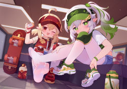 2girls ;d ahoge blonde_hair blue_shorts blush closed_mouth commentary_request contemporary cross-shaped_pupils genshin_impact gradient_hair green_eyes green_hair green_headwear green_vest highres holding indoors klee_(genshin_impact) knee_pads knee_up pantyhose_under_shorts long_hair looking_at_viewer low_twintails multicolored_hair multiple_girls nahida_(genshin_impact) one_eye_closed open_mouth pantyhose red_eyes red_footwear red_headwear red_vest resolution_mismatch shirt shoes unworn_shoes short_shorts short_sleeves shorts side_ponytail single_shoe sitting skateboard smile soles source_larger symbol-shaped_pupils tsubasa_tsubasa twintails vest visor_cap white_footwear white_hair white_pantyhose white_shirt rating:Sensitive score:123 user:danbooru