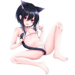  1girl :p anal anal_object_insertion anal_tail animal_ears anus ass barefoot bikini bikini_bottom_aside bikini_pull black_hair breasts butt_plug cat_ears cat_tail clothes_pull clothing_aside fake_animal_ears fake_tail feet highres holding holding_with_tail knee_up leaning_back legs loli navel nipples object_insertion original prehensile_tail pulled_by_self pussy red_eyes short_hair simple_background sitting small_breasts solo spread_legs swimsuit tail thighs toes tongue tongue_out white_background white_bikini xenon_(simlacurm) 