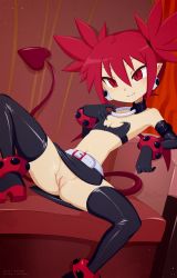  1girl bare_shoulders belt black_gloves black_skirt black_thighhighs blush boots demon_girl demon_tail demon_wings disgaea earrings elbow_gloves etna_(disgaea) female_focus flat_chest gloves highres jewelry leaning_back loli merunyaa navel o-ring o-ring_collar panties pointy_ears pussy red_eyes red_hair shiny_clothes sitting skirt skull_earrings slit_pupils solo spread_legs tail thigh_boots thighhighs third-party_edit underwear wings  rating:Explicit score:137 user:terakhan