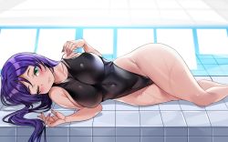  black_one-piece_swimsuit blush breasts green_eyes highleg highleg_swimsuit highres large_breasts long_hair love_live! love_live!_school_idol_project lying on_side one-piece_swimsuit one_eye_closed purple_hair solo swimsuit tem10 tile_floor tiles tojo_nozomi  rating:Questionable score:51 user:danbooru