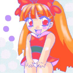  1girl artist_request blossom_(ppg) blush bow cartoon_network clothes_lift covered_erect_nipples dress dress_lift flat_chest hair_bow loli long_hair looking_at_viewer open_mouth orange_hair panties ponytail powerpuff_girls red_bow red_dress red_eyes sleeveless sleeveless_dress smile standing underwear white_background white_panties 