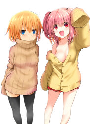  2girls :d arm_up black_thighhighs blonde_hair blue_eyes breasts brown_sweater cardigan closed_mouth collarbone commentary_request feet_out_of_frame hair_between_eyes long_sleeves medium_breasts multiple_girls no_shirt open_mouth original pink_hair plaid plaid_skirt pleated_skirt puffy_long_sleeves puffy_sleeves red_eyes red_skirt ribbed_sweater simple_background skirt sleeves_past_fingers sleeves_past_wrists smile standing sweater thighhighs turtleneck turtleneck_sweater two_side_up watarui white_background yellow_cardigan 