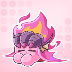  closed_eyes closed_mouth copy_ability dragon_claw dragon_fire_kirby dragon_horns dragon_wings fire fire_kirby highres horns kirby kirby_(series) kirby_and_the_forgotten_land lying nintendo on_stomach pastel_colors pink_background pink_fire pink_wings sleeping towara6316 twitter_username wings 