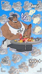  1boy bara beard character_background cheek_bulge clothes_around_waist dark-skinned_male dark_skin eating facial_hair fast_food full_beard hairy highres huge_pectorals indie_virtual_youtuber jacket jacket_around_waist kaito_navigator male_focus mature_male mcdonald&#039;s muscular muscular_male mustache_stubble pants pants_rolled_up pectoral_cleavage pectorals reed_orison sanpaku second-party_source short_hair shout_lines sitting solo stubble tank_top thick_arm_hair thick_beard thick_chest_hair thick_eyebrows two-tone_beard unzipped viewfinder virtual_youtuber white_tank_top 