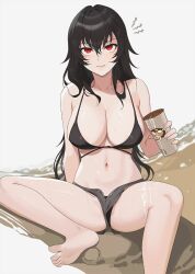  1girl barefoot bikini bikini_under_shorts black_bikini black_hair breasts cleavage closed_mouth collarbone cup feet hair_between_eyes highres holding holding_cup large_breasts long_hair looking_at_viewer micro_shorts navel open_fly raven_branwen red_eyes rwby shorts sitting solo spill stomach swimsuit thighs toes wangxiii wet 