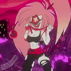  1girl animated bomb bouncing_breasts breasts cherri_bomb cleavage clothes_lift colored_sclera colored_skin cyclops explosive female_focus freckles hazbin_hotel large_breasts leggings long_hair looking_at_viewer navel one-eyed pink_hair red_sclera sharp_teeth shirt_lift solo symbol-shaped_pupils tagme tattoo teeth tongue tongue_out torn_clothes twistedgrim very_long_hair video white_skin x-shaped_pupils 
