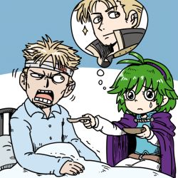  1boy 1girl ahoge bandaged_head bandages bed bedside belt black_eyes blonde_hair blood bloody_bandages blue_background bowl brown_eyes cloak crying crying_with_eyes_open facial_hair feeding fire_emblem fire_emblem:_the_blazing_blade fire_emblem_heroes green_hair hairband huss imagining lloyd_(fire_emblem) long_sleeves motion_lines multiple_views nino_(fire_emblem) nintendo open_mouth pajamas plate raised_eyebrow robe sad shirt short_hair siblings simple_background sitting sparkle spiked_hair spoon stubble teardrop tears trembling wavy_mouth white_background 