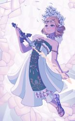  1girl absurdres blonde_hair blue_eyes blush braid breasts collarbone commentary crown_braid dress earrings english_commentary eyelashes flower full_body green_eyes hair_between_eyes hair_flower hair_ornament highres holding holding_sword holding_weapon jewelry kuraraan master_sword nintendo parted_bangs pointy_ears princess_zelda sandals shiny_skin short_hair sidelocks solo strapless strapless_dress sword the_legend_of_zelda the_legend_of_zelda:_tears_of_the_kingdom thick_eyebrows weapon white_flower 