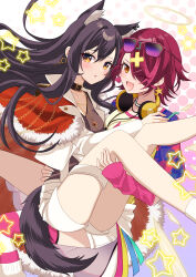  2girls ;d absurdres alternate_costume animal_ear_fluff animal_ear_piercing animal_ears arknights arm_warmers belt belt_buckle belt_collar black_belt black_collar blush buckle capelet carrying carrying_person chain chain_necklace chiwa_(chiwawanwan1206) collar colorful commentary_request detached_wings earrings exusiai_(arknights) eyes_visible_through_hair eyewear_on_head fingernails floating_hair fur-trimmed_capelet fur_trim gold_chain grey_halo hair_ornament hair_over_one_eye hairclip halftone halftone_background halo hand_on_another&#039;s_leg hand_on_another&#039;s_shoulder hand_on_another&#039;s_waist headphones headphones_around_neck heads_together highres jacket jewelry lapels long_hair long_sleeves looking_at_viewer multiple_girls necklace one_eye_closed open_clothes open_jacket open_mouth orange_eyes parted_lips pink-tinted_eyewear pink_arm_warmers pink_hair purple-tinted_eyewear purple_hair purple_tail red_capelet short_hair short_sleeves shorts smile star_(symbol) star_earrings sunglasses tail texas_(arknights) thighlet tinted_eyewear white_jacket white_shorts wings wolf_ears wolf_girl wolf_tail x_hair_ornament yellow_eyes yuri 