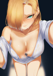  1girl android_18 aqua_eyes bangs bare_shoulders black_panties blonde_hair blue_eyes blueorca blush breasts collarbone covered_erect_nipples downblouse dragon_ball dragonball_z earrings extended_downblouse eyelashes foreshortening green_eyes hair_between_eyes hair_over_one_eye hanging_breasts highres jewelry large_breasts leaning_forward looking_at_viewer mole mole_on_breast navel no_bra nose_blush off-shoulder_shirt off_shoulder outstretched_arm outstretched_arms panties parted_lips reaching reaching_out shirt short_hair short_sleeves skindentation smile smirk solo stomach underwear wet white_shirt  rating:Questionable score:38 user:danbooru
