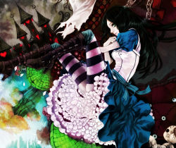  1girl alice:_madness_returns alice_(alice_in_wonderland) alice_in_wonderland alice_liddell_(american_mcgee&#039;s_alice) american_mcgee&#039;s_alice american_mcgee's_alice apt black_hair blue_dress blue_eyes boots castle doll dress frills goth_fashion green_eyes heart high_heel_boots high_heels long_hair petticoat profile shoes short_sleeves solo striped_clothes striped_thighhighs thighhighs  rating:Sensitive score:33 user:danbooru