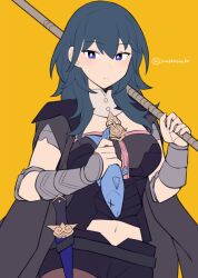  1girl armor black_armor black_shorts blue_eyes blue_hair brown_pantyhose byleth_(female)_(fire_emblem) byleth_(fire_emblem) closed_mouth clothing_cutout commentary_request do_m_kaeru expressionless fire_emblem fire_emblem:_three_houses fish fishing_rod hair_between_eyes holding holding_fishing_rod long_hair navel navel_cutout nintendo pantyhose sheath sheathed shorts simple_background solo twitter_username weapon yellow_background 