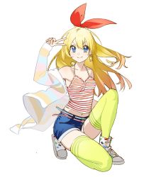 1girl arm_up blonde_hair blue_eyes blue_shorts breasts earrings grey_background hair_ornament hair_ribbon highres jacket jewelry kirisaki_chitoge long_hair looking_at_viewer midriff navel nisekoi ribbon seveneightdu shirt shorts simple_background small_breasts smile solo striped_clothes striped_jacket striped_shirt thighhighs v yellow_thighhighs rating:Sensitive score:19 user:danbooru
