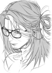  1boy absurdres arknights beard_stubble character_request facial_hair frown glasses greyscale high_ponytail highres looking_to_the_side male_focus mature_male medium_hair monochrome okiii pectorals portrait solo stubble thick_eyebrows toland_(arknights) tsurime 