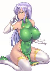 1girl blush breasts elbow_gloves gloves large_breasts long_hair looking_at_viewer nagase_haruhito original parted_lips penis purple_hair seiza sitting solo thighhighs white_gloves white_thighhighs yellow_eyes rating:Explicit score:70 user:danbooru