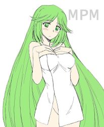  1girl blush breasts crotch female_focus flat_color gluteal_fold green_eyes green_hair hand_on_breast kid_icarus kid_icarus_uprising long_hair matching_hair/eyes naked_towel nintendo palutena signature simple_background solo towel white_background  rating:Questionable score:33 user:Naschkatze