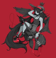  1girl absurdres adventure_time axe_guitar bat_hat_ornament belt boots cable collarbone commentary crop_top electric_guitar floating_crown from_side full_body greyscale_with_colored_background guitar hanmaeeki hat highres instrument long_hair looking_to_the_side marceline_abadeer pointy_ears red_background shorts sitting solo speaker spot_color sun_hat tank_top thigh_belt thigh_strap vampire very_long_hair wings 
