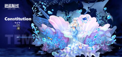  1girl air_bubble akusamu azur_lane blue_dress blue_eyes blue_gemstone blue_nails breasts bubble character_name cleavage clothing_cutout clownfish copyright_name coral_reef dress fish full_body gem hand_on_own_chest highres hydrokinesis jewelry large_breasts long_dress long_hair looking_at_viewer nail_polish navel necklace original sitting stomach_cutout underwater uss_constitution very_long_hair water white_hair 
