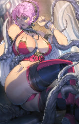  1girl ass blue_eyes breasts highres homare_(fool&#039;s_art) imminent_rape large_breasts open_mouth original pink_hair pointy_ears restrained solo tentacles thighhighs  rating:Questionable score:91 user:danbooru