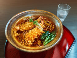  bowl cup drinking_glass food food_focus highres no_humans noodles original shrimp shrimp_tempura soba table tempura tray vegetable water yasudagabou 