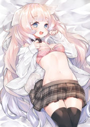1girl :d animal_ears bed_sheet black_collar black_thighhighs blue_eyes blush bow bow_bra bra breasts brown_skirt collar collarbone commentary_request dog_ears dog_girl dog_tail dress_shirt fang long_hair long_sleeves looking_at_viewer lying navel on_back open_clothes open_mouth open_shirt original pink_bra pink_hair plaid plaid_skirt pleated_skirt school_uniform shirt skirt sleeves_past_wrists small_breasts smile solo suzuho_hotaru tail thighhighs underwear very_long_hair white_shirt rating:Sensitive score:14 user:danbooru
