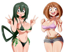 2girls :&gt; absurdres asui_tsuyu bare_arms bare_shoulders belt bikini bikini_top_only blush_stickers boku_no_hero_academia breasts brown_eyes brown_hair cleavage closed_mouth cowboy_shot curvy double_v green_bikini green_hair hair_between_eyes highres large_breasts long_hair long_tongue looking_at_viewer lucyfer matching_hair/eyes multiple_girls narrow_waist navel open_mouth short_hair shorts side-tie_bikini_bottom sideboob simple_background smile swimsuit teeth thighs thong_bikini tongue tongue_out underboob upper_teeth_only uraraka_ochako v very_long_hair white_background wide_hips rating:Questionable score:104 user:DarkToonLink